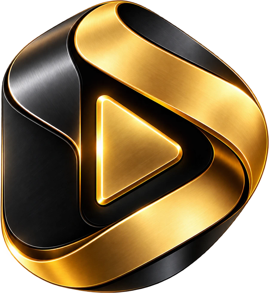 The SeleVista logo: a gold and black ribbon folded around a play button